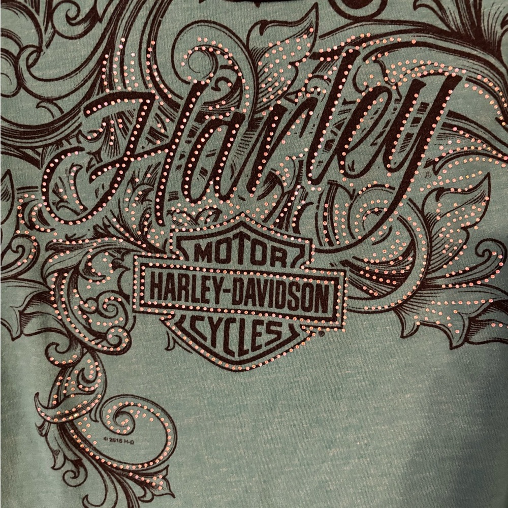 Harley Davidson Womens XL Teal Sequin Pattern Mesh Half Sleeve Size Coos Bay, OR - Picture 4 of 7